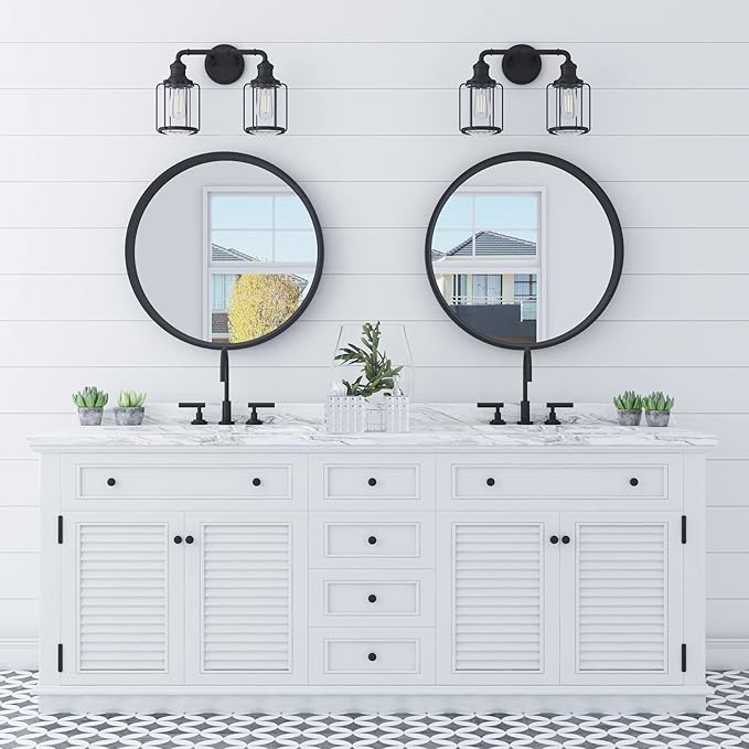 Prominence Home Lincoln Woods 2 Light Matte Black Industrial Bathroom Vanity Light with Cage and Clear Glass - 51544-01