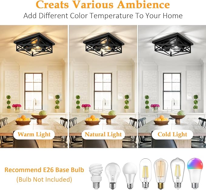 2-Light Flush Mount Ceiling Light Fixture, Square Farmhouse Ceiling Lights for Kitchen, Modern Black Close to Ceiling Light for Hallway Bedroom Balcony Porch Stairway, E26, (2 Pack)