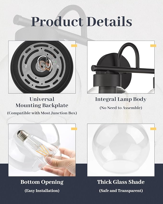 EAPUDUN 2-Light Matte Black Bathroom Light Fixtures Over Mirror, Vanity Lights for Bathroom with Clear Glass Shades, Industrial wall sconces, WLA1434-BK