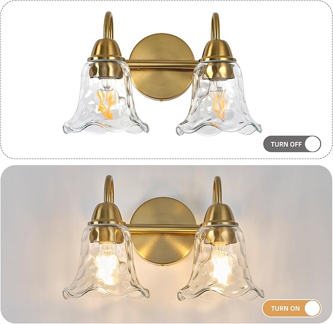 Bathroom Light Fixtures Over Mirror, 2 Lights Vintage Wall Sconces with Hammered Glass Shade, 12.6" Gold Bathroom Wall Light Fixtures for Bedroom, Porch, Hotel, Mirror Cabinet