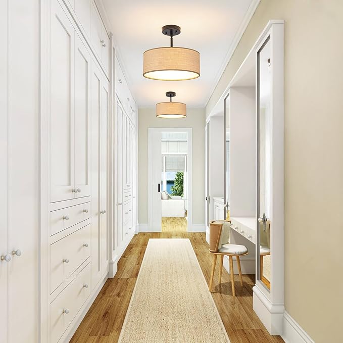 Rattan Sloped Ceiling Light Fixture, 13" Woven Boho Semi Flush Mount Lights with Drum Fabric Shade, Lighting for Bedroom, Dining Room, Living Room, Hallway, Entryway