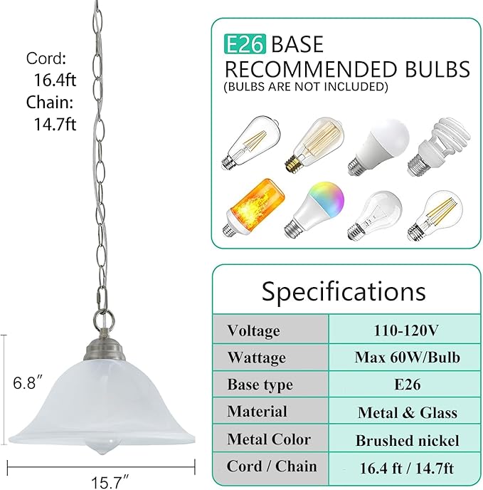 Plug in Pendant Light Alabaster Glass Shade 15.7" D Hanging Lamp with On/Off Switch,16.4Ft Cord & 14.7Ft Chain Dimmable Brushed Nickel Swag Light Fixture for Kitchen Sink Bar Nook