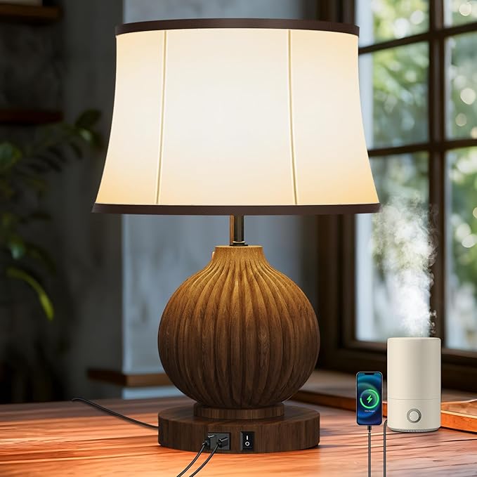 JESLED 18" Vintage Walnut Wooden Table Lamp for Living Room,Farmhouse Rustic Bedside Lamp for Bedroom Room,Office, End Table Home Decor