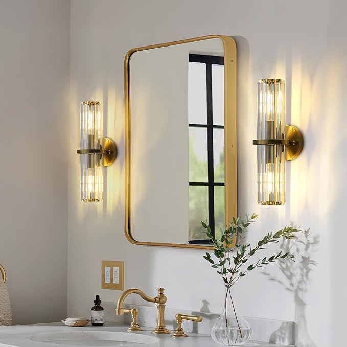 Crystal Wall Sconce Set of 2, Gold Crystal Bathroom Wall Light, Modern Sconces Wall Decor 2-Light Luxury Indoor Wall Lamp 15.7-Inch for Living Room, Hallway, Mirror, Bathroom, Vanity E26
