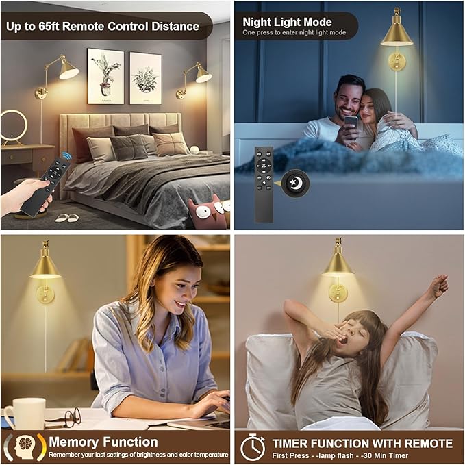 TRLIFE Wall Sconce with Remote Control, Brushed Brass Plug in Wall Sconces Dimmable and Adjustable Color Temperature 2700K-6000K, Swing Arm Wall Lights with Plug in Cord, UL Listed(2 Pack, 2 Bulbs)