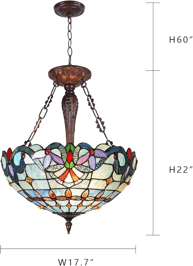 Capulina Tiffany Lamp Stained Glass Pendant Light Chandelier 3-Lights 18 Inches Wide Victorian Antique Hanging Lamp for Dining Living Room Bedroom Hallway Foyer Kitchen Island