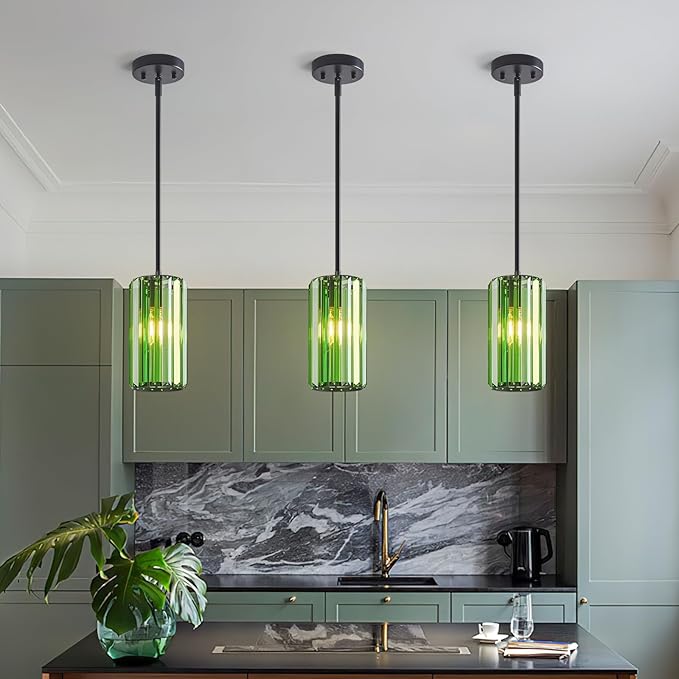 Modern Crystal Pendant Light Mini Dark Green Chandeliers Adjustable Pendant Lights Fixture for Kitchen Island Dinning Room Corridor Bedroom(Dark Green 3-Pack)