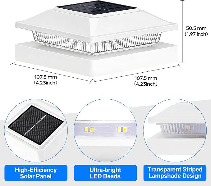 Brightever 4x4 3.5x3.5 Solar Post Cap Lights Outdoor 16-Pack, Solar Fence Post Lights Fit Vinyl/Wood Posts, 2 Modes(Warm/Cool White), Solar Powered Waterproof Deck Post Lights for Patio Porch, White