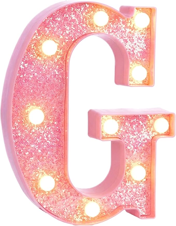 Pink Marquee Light Up Letters, Glitter Alphabet LED Letter Lights for Pink Birthday Party Decorations, Battery Operated Letter Sign for Girls Room Vanity Table Decor, Warm White Lights Letter G
