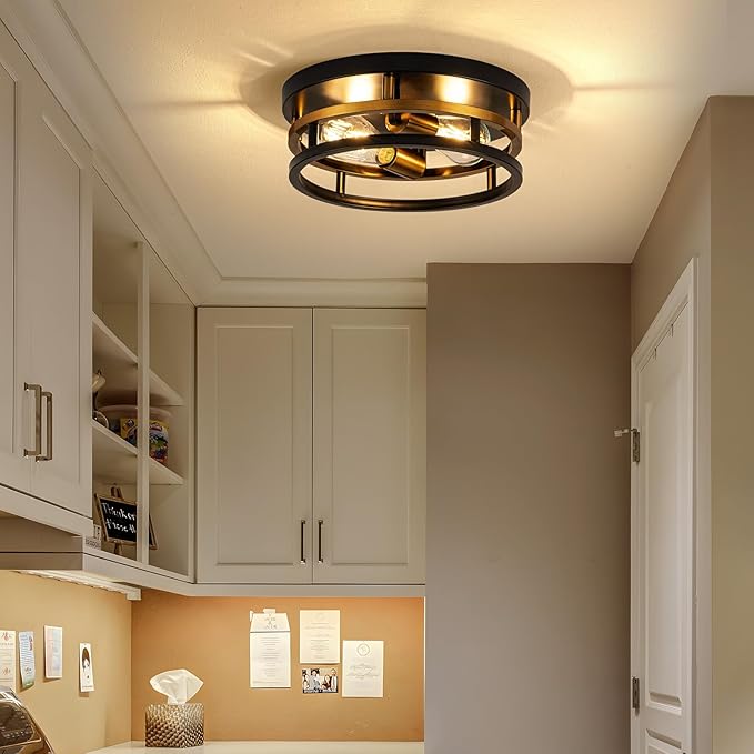 Antique Gold Bronze Flush Mount Light, Electroplated Bronze & Black 2-Light Fixture for Kitchen Hallway Bedroom, Low Profile E26 Close-to-Ceiling Lighting (Single Unit)
