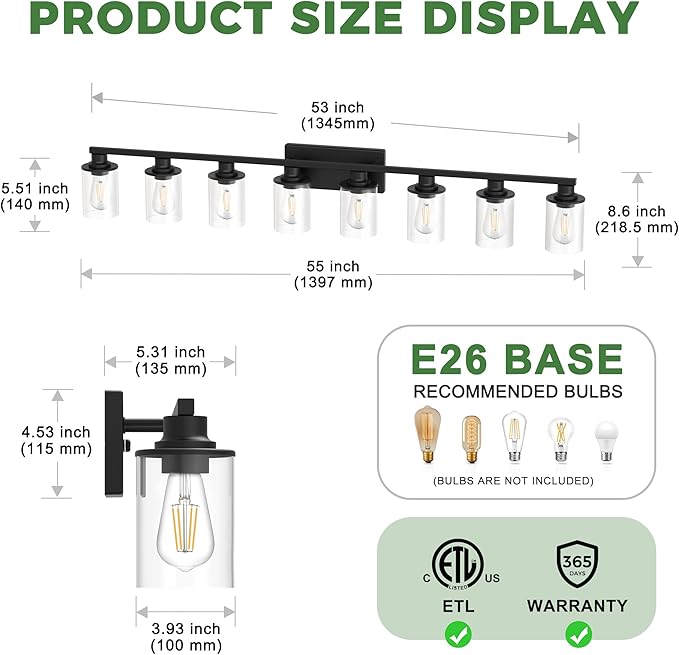 DORESshop 55 Inch Bathroom Light Fixtures, 8-Light Black Bathroom Lighting Fixtures Over Mirror with Glass Shade, Modern Vanity Lights for Hallway Bedroom