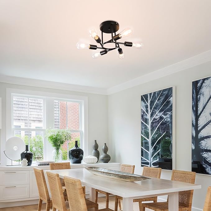 Finktonglan 6-Light Semi Flush Mount Ceiling Light, Matte Black Sputnik Ceiling Light Fixture, Modern Farmhouse E26 Chandelier for Kitchen, Dining Room, Living Room, Bedroom