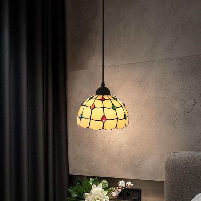 Tiffany Pendant Light Fixtures 8" Wide Stained Glass Hanging Lamp Colored Glass Beads Hanging Lights for Kitchen Dining Room Bedroom