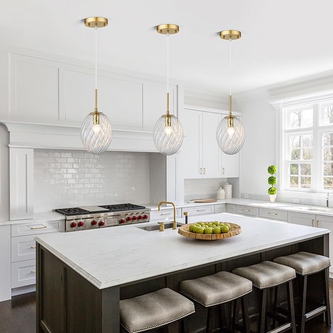 Glass Pendant Lights Kitchen Island Gold Pendant Light Fixtures with Hand-Blown Clear Glass Hanging Light Brass Gold Pendant Lighting for Kitchen Sink Bedroom Dining Room, E12