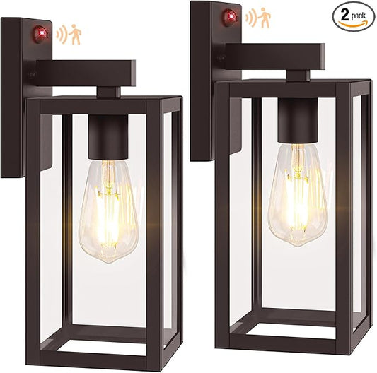 2-Pack Upgraded Motion Sensor Outdoor Wall Lights, 13” Dusk to Dawn Porch Lights Outdoor Wall Sconce Lanterns, 3 Lighting Modes Exterior Lighting Fixtures, Brown Outside Lights for House Patio Garage