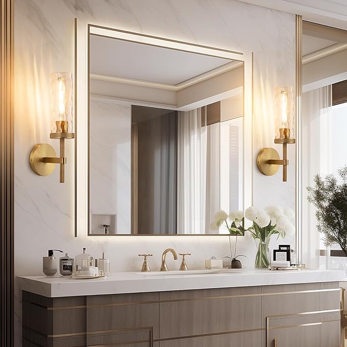 15" Knurled Brass Wall Sconce with Water Ripples Glass Tube, Gold Bathroom Vanity Light Fixtures, Modern Lamp Lighting for Bedroom, Living Room, Hallway, Staircase, Mirror, Kitchen