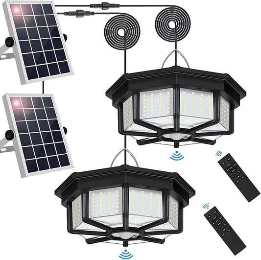 Solar Shed Lights Indoor Outdoor, Aqonsie 288LED Solar Powered Motion Sensor Pendant Light Daytime Available, Solar Indoor Light with 5 Lighting Modes & Remote for Shed Gazebo Barn Garage Home, 2 Pack