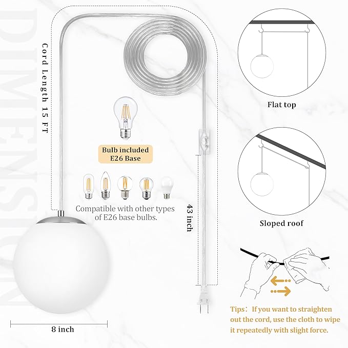 KoKo&Yukina 8" Globe Pendant Light Nickel Plug in Pendant Light Adjustable Hanging Lights with Plug in Cord Nickel Finished with Milk Glass Lampshade for Bedroom Kitchen Island (Bulb Included)