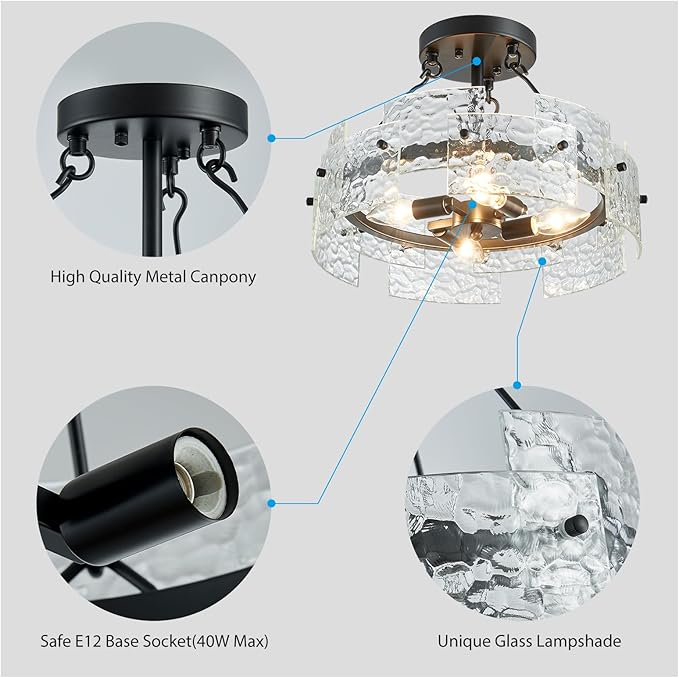 XINGQI Black Ceiling 4-Light Modern Farmhouse Water Ripple Glass Ceiling Lighting Fixture 15.7" Drum Ceiling Lights for Bedroom Dining Room Living Room Hallway Entryway