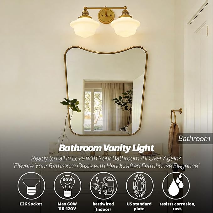 Vintage 2-Lights Wall Sconce Lights Brass Gold Bathroom Vanity Light with Milk Glass Double Sconce Wall Mounted Lamp for Bedroom Living Room Bathroom Mirror Kitchen Hallway Hardwire