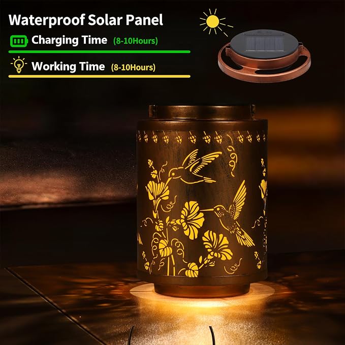 Solar Lanterns Outdoor Waterproof Garden Decor Gifts for Women Mon Grandma Metal Hanging Solar Lights Decoration for Outside LED Lanterns for Yard Patio Lawn Pathway（Hummingbirds）