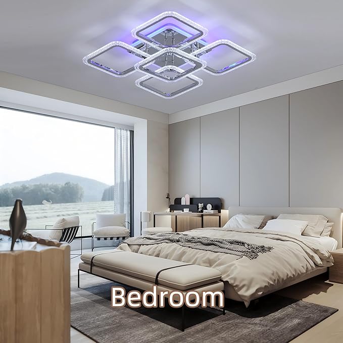 Modern LED Ceiling Lights,80W Flush Mount Ceiling Light with Remote,5 Squares Dimmable Brightness, Adjustable 3000-6000K Color Temperature for Living Room,Laundry Room,Hallway,Chrome