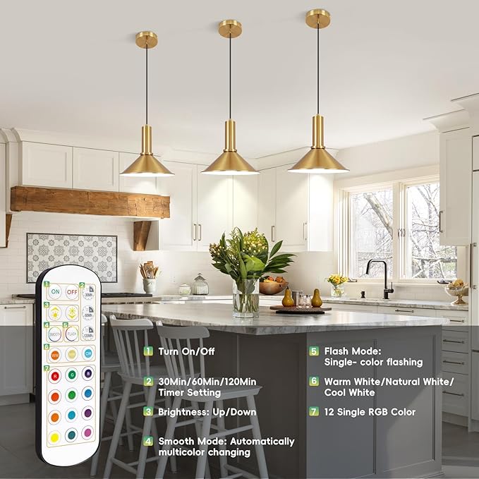 Battery Operated Pendant Lights 2 Pack,Rechargeable Pendant Light with Remote,Gold Pendant Light Fixtures for Kitchen island,Modern Industrial hanging Lights for Dining Room Hallway Entryway Bedroom