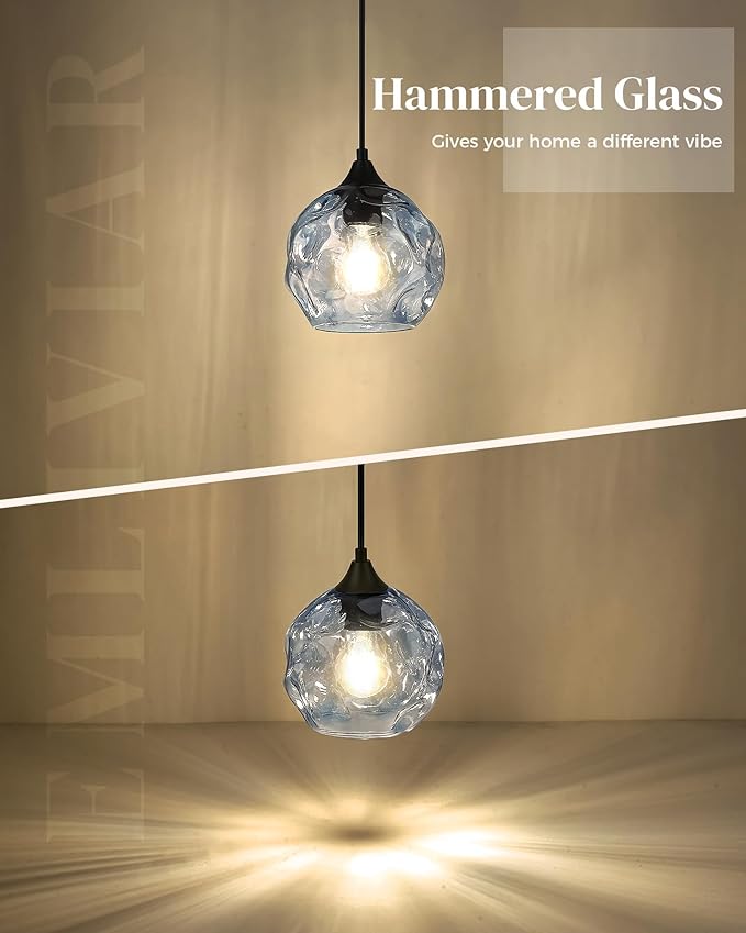 Emliviar 1-Light Pendant Lighting Hammered Glass, Modern Blue Ceiling Hanging Light for Kitchen, DYE287G1-MIL BK