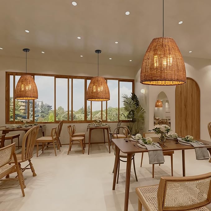 Farmhouse Rattan Chandelier 16.6" 3-Lights Boho Hand Woven Pendant Lights Wicker Dining Room Light Coastal Hanging Lighting Fixtures for Living Room Bedroom Kitchen Sink Restaurant Entryway Foyer
