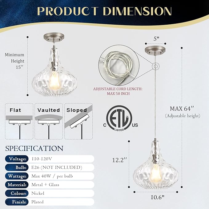 Hammered Glass Pendant Light for Kitchen Island, 11-Inch Modern Brushed Nickel Hanging Light Fixture for Sink, Dining Room, Hallway, Living Room