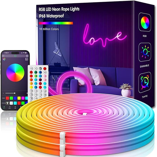 KIKO 32.8ft Rope Lights, 10m Led Strip Lights Remote APP Control,IP67 Outdoor Neon Lights Music Sync Led Rope Lights DIY Mode Neon Flex Strip Lights for Bedroom Indoors Outdoors Decor