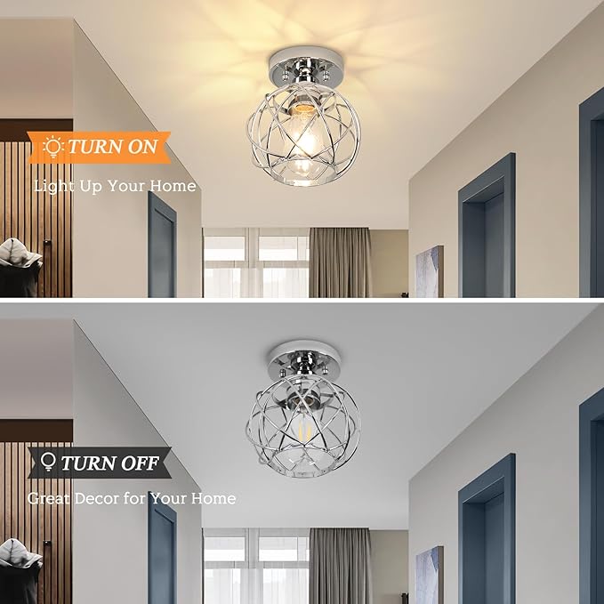 Hallway Ceiling Light Fixtures,Flush Mount Ceiling Lights Metal Cage Indoor Industrial Ceiling Lights E26 Semi Flush Mount Ceiling Light for Porch Entryway Foyer Bathroom(Chrome)