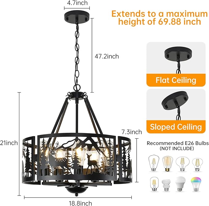 Rustic Ceiling Light Fixtures -Bear Deer Design, 5-Light Farmhouse Adjustable Black Chandelier Pendant Light for Dining Room, Bedroom, Kitchen, Entryway, Living Room (No Bulb Included)