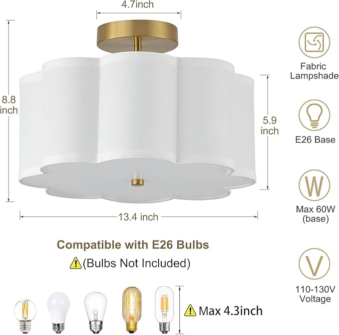 13.3"Semi Flush Mount Ceiling Light Fixture, 3-Light Modern Close to Ceiling Light With Fabric Flower-Shaped Shade, Light Fixtures Ceiling Mount for Bedroom Nursery Kids Room Living Room(Gold)