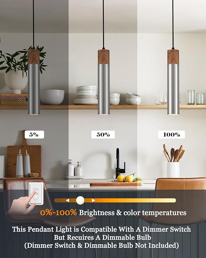 ELYONA 3 Pack Modern LED Pendant Light Fixtures, Brushed Nickel Metal with Wood Grain, 13.8" Mid Century Hanging Pendant Lights with GU10 Bulbs for Kitchen Island Dining Room Bedroom Adjustable Height