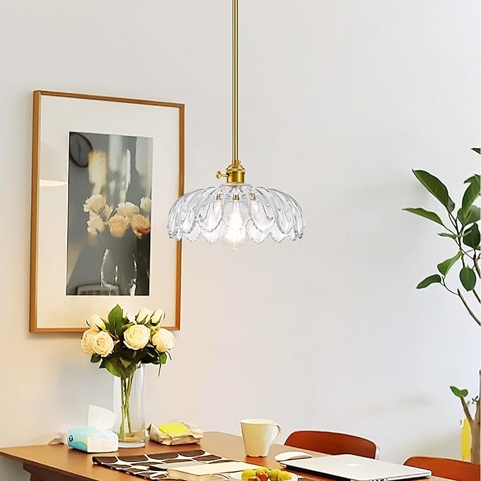 Mid Century Modern Pendant Light 2 Pack Hanging Adjustable Pendant Lights with Brushed Gold Fixture Clear Flower Glass Vintage Chandelier for Kitchen Island Bedroom Dining Room（Bulb Incl.）