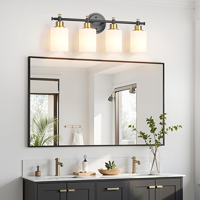 4-Light Bathroom Vanity Light, Modern Black and Gold Vanity Lights for Bathroom, White Frosted Glass Shades, Anti-Rust Vanity Light Fixture over Mirror, 23 Inch (Bulbs Not Included, E26 Base)