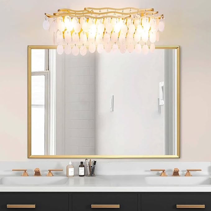 Wellmet Brushed Gold Bathroom Light Fixtures, 4-Light Capiz Shell Vanity Light, Modern Wall Sconces for Mirror, Cabinets, Bedroom, Hallway,Living Room, 27.2" W