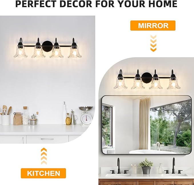 Bathroom Light Fixtures over Mirror, 4 Lights Vintage Wall Sconces with Hammered Glass Shade, 26.8" Matte Black Farmhouse Bathroom Wall Light Fixtures for Bedroom, Porch, Hotel, Mirror Cabinet