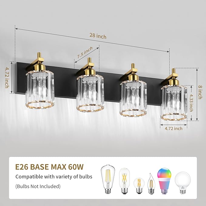 She's home 4 Light Crystal Vanity Lights for Bathroom - Black and Gold Modern Bathroom Vanity Lights Over Mirror 28 Inch, Bathroom Wall Lighting E26 Base