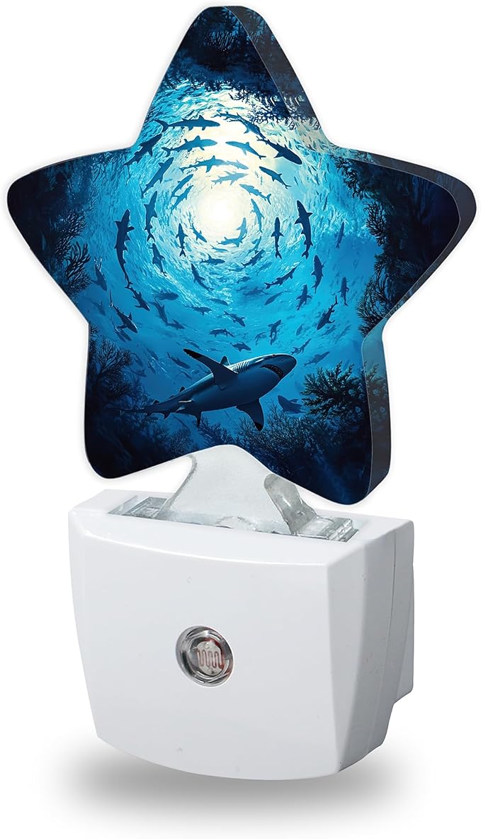 Large Sharks Night Lights Plug Into Wall,Underwater Vortex Dusk to Dawn Light Sensor Night Light for Kids,Energy Efficient Sleep Friendly Lamp for Bedroom Bathroom Nursery