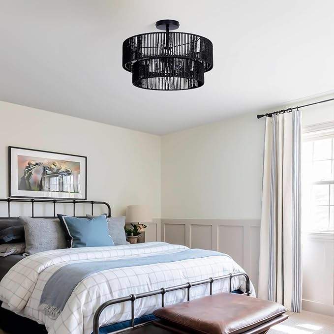 Black Boho Light Fixtures Ceiling Mount 18'' Coastal Hemp Rope Semi Flush Mount Ceiling Light Fixture 3-Light Rattan Light Fixtures with 2-Tier Drum Shade for Dining Room Kitchen Entry