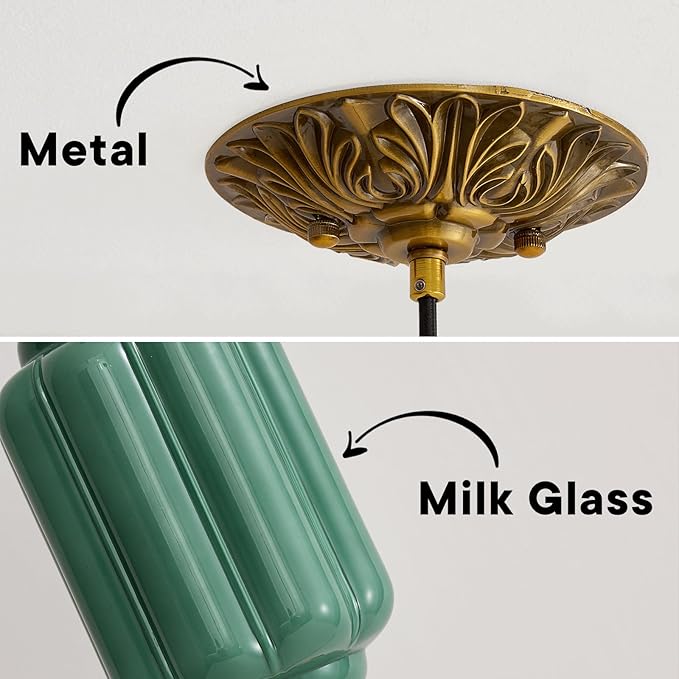 Green Milk Glass Ceiling Light Fixture,Milk Glass Pendant Light ,Semi Flush Mount Pendant Light Vintage Schoolhouse Ceiling Light for Kitchen Island, Living Room, Dining Room, Bedroom (Green, 5.7 In)