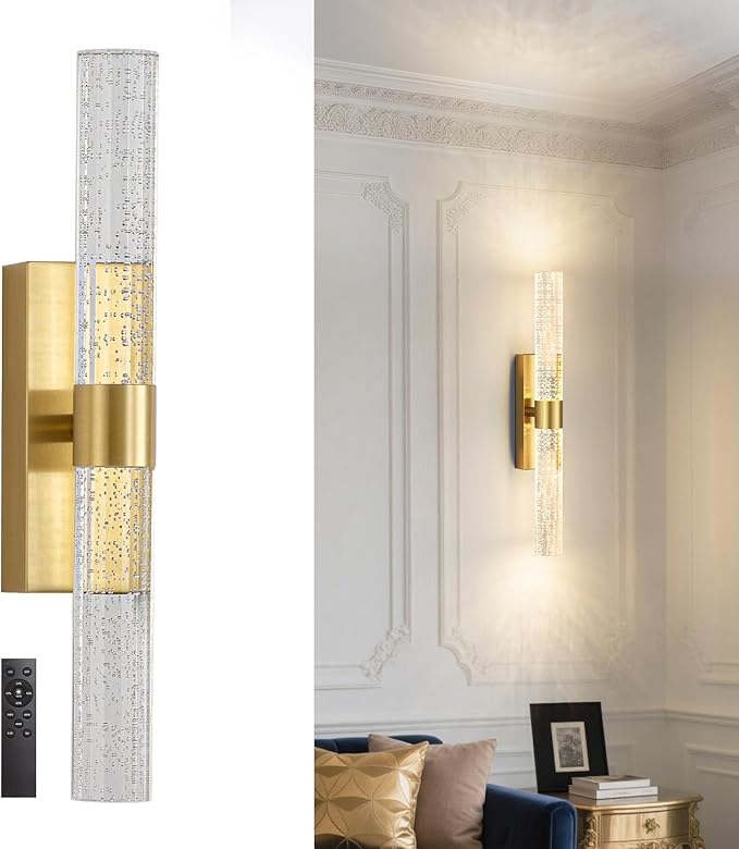 Battery Operated Wall Sconces, Dimmable Wireless Wall Light with Remote, 10000mAh Gold Rechargeable Wall Lamp for Bedroom, Living Room, and Hallway Decor, 15.7- Inch