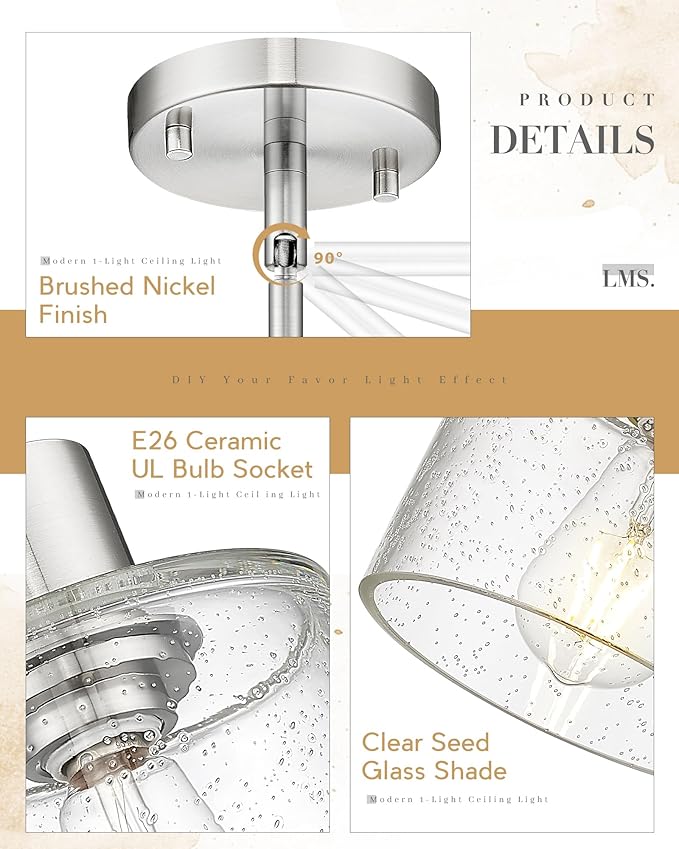 LMS Industrial Semi Flush Mount Ceiling Light, Brushed Nickel 1-Light Close to Ceiling Light with Seeded Glass Shade, Modern Ceiling Lmap for Hallway Corridor Kitchen, LMS-101BN