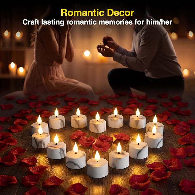 Flameless Tea Lights Candles with Charging Station,White Marble Pattern,LED Tea Lights Candles with Remote Control Timer for Valentine's Day,Centerpiece Table Decorations,Anniversary,Home Decor,12Pack