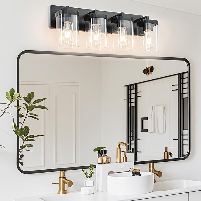 4-Light Bathroom Lighting Fixtures over Mirror, Matte Black Vanity Lights with Square Transparent Glass Shade. Modern Bathroom Vanity Light for Mirror Kitchen, Living Room, Gallery, Hallway