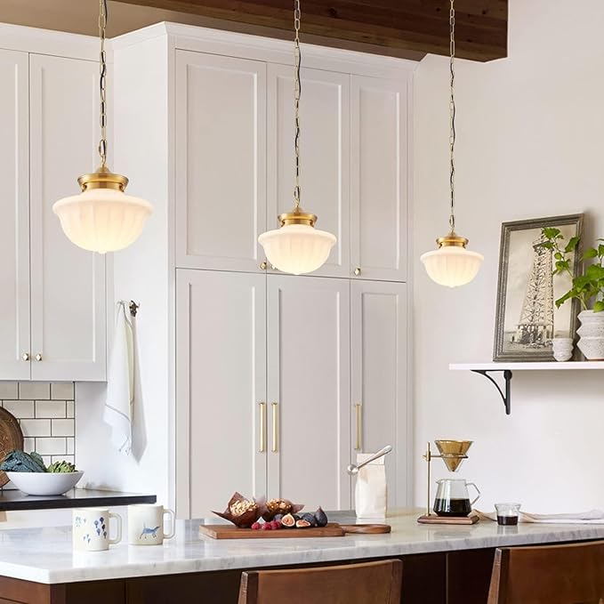 youngrender Schoolhouse Pendant Fixtures, 9" Brass Gold Milk Glass Pendant Light, Adjustable Mid Century Ceiling Pendant Lighting for Bedroom Kitchen Living Room Hallway Dining Room