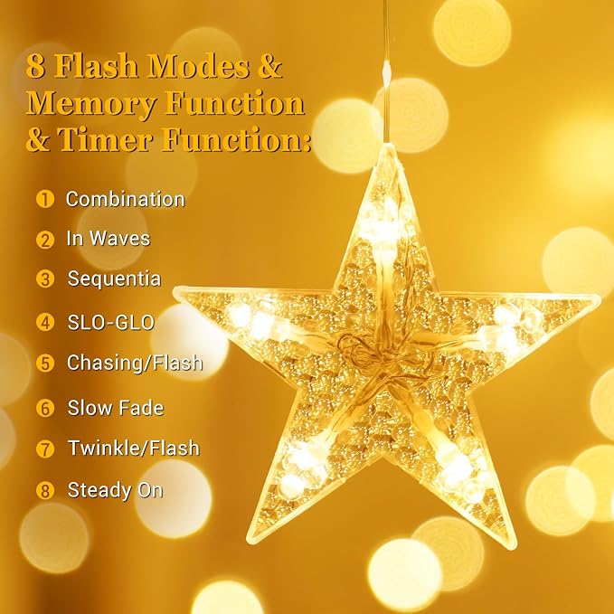 Christmas Window Lights, 76LEDs 9 Star Curtain Lights, Warm White&Multicolor, IP65 Waterproof, Timer & Memory Function, 8 Modes Indoor/Outdoor Decoration for Xmas, Birthday, Wedding, Bedroom