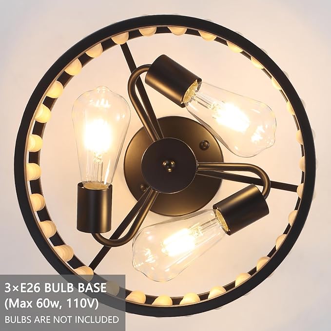 Luupyia Wood Bead Ceiling Light 3Lights, 12.79Inches Vintage Boho Ceiling Light Fixture Small Chandeliers Semi Flush Mount Mid Century Retro Overhead Lighting for Bedroom Foyer Hallway, E26